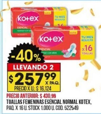 Coto Toallas Femeninas Esencial Normal Kotex oferta