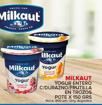 Carrefour Maxi Milkaut Yogur Entero C/Durazno/Frutilla En Trozos Pote x 150grs oferta