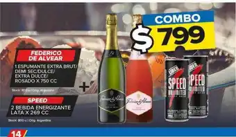 Carrefour Maxi Federico de alvear 1 espumante extra brut demi sec dulce extra dulce rosado + speed 2 bebida energizante oferta