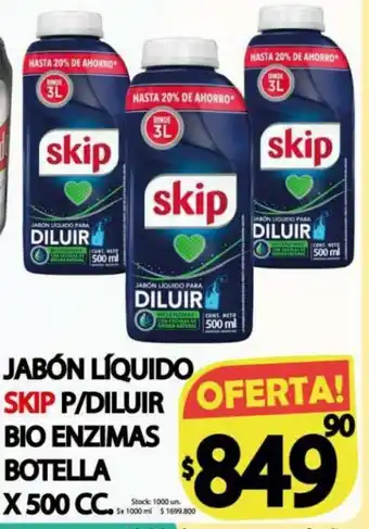 Supermercados Becerra Jabón Liquido Skip P/ Diluir Bio Enzimas Botella x 500 cc oferta