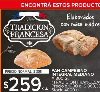 Carrefour Pan campesino integral mediano x 300g oferta