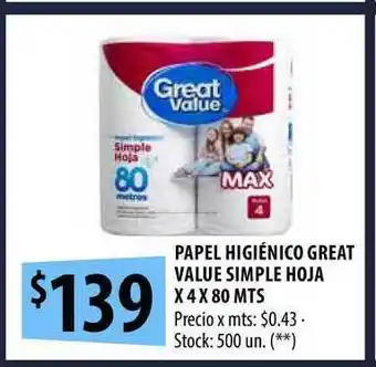 Punto Mayorista Papel Higiénico Great Value Simple Hoja x 4x 80mts oferta