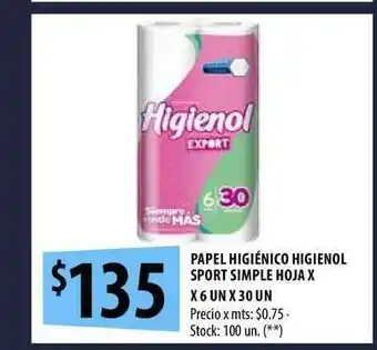 Punto Mayorista Papel Higiénico Higienol Sport Simple Hoja x 6 un x 30un oferta