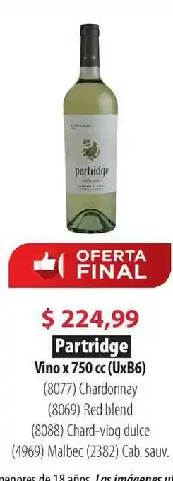 Parodi Partridge Vino X 750 Cc Chardonnay, Red Blend, Chard-viog Dulce, Malbec O Cab. Sauv oferta