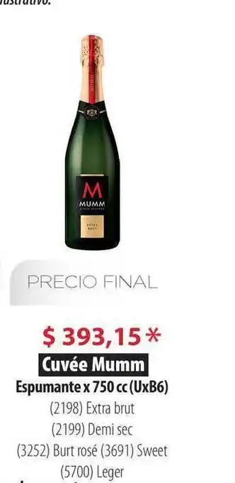 Parodi Cuvée Mumm Espumante X 750 Cc Extra Brut, Demi Sec, Burt Rosé, Sweet O Leger oferta