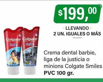 Supermercados Damesco Crema dental barbie, liga de la justicia o minions colgate smiles oferta