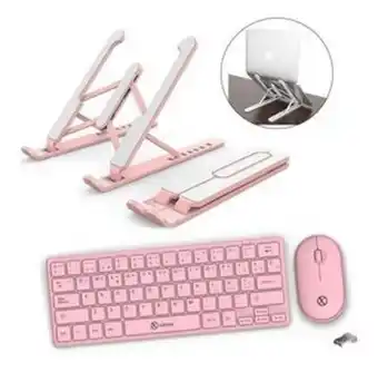 Frávega Combo xinua rosa teclado mouse inalambrico + soporte laptop oferta