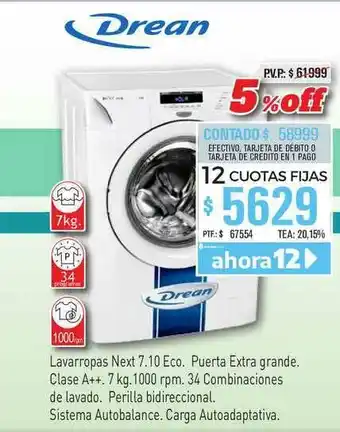 Red del Hogar Drean, Lavarropas Next 7.10 Eco Puerta Extra Grande Clase A++ oferta