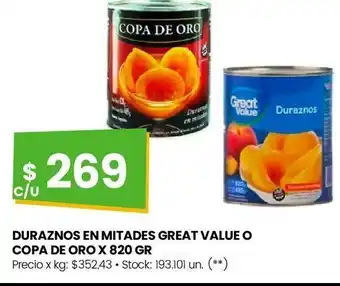 Changomas Duraznos en mitades great value o copa de oro x 820 gr oferta