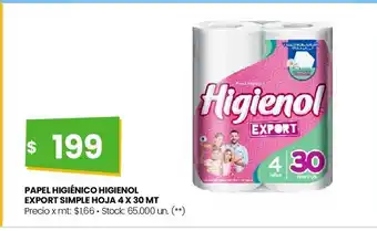 Changomas Papel higiénico higienol export simple hoja 4 x 30 mt oferta