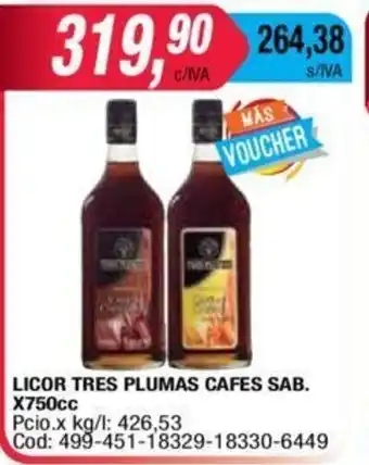 Maxiconsumo Licor Tres Plumas Cafes Sab x 750cc oferta