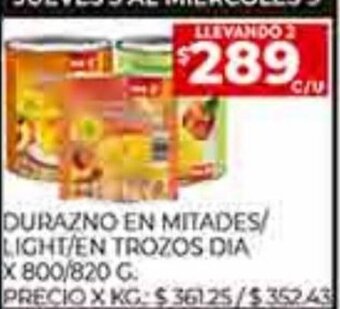 Supermercados DIA Durazno en Mitades / Light / En Trozos Dia x 800/820g oferta