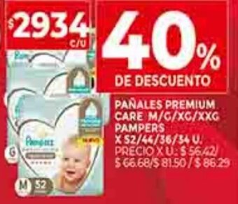 Pañales Premium Care M/G/XG/XXG Pampers x 52/44/36/34 U