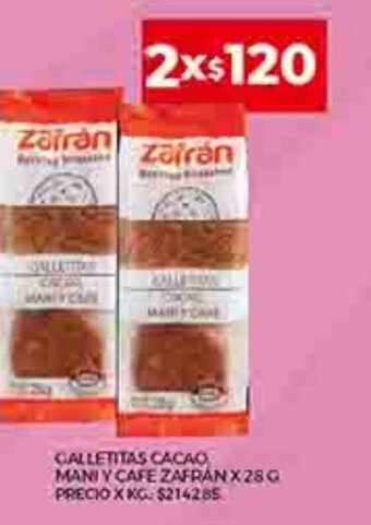Supermercados DIA Galletitas Cacao Mani Y Cafe Zafran x 28g oferta