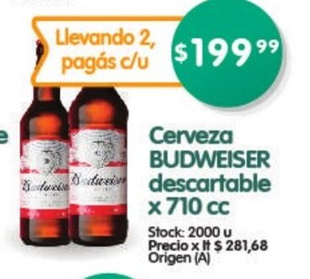 Supermercados Buenos Días Cerveza Budweiser Descartable x 710cc oferta