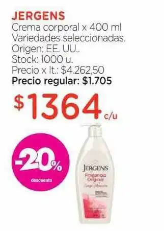 Farmacity Jergens crema corporal -20% descuento oferta