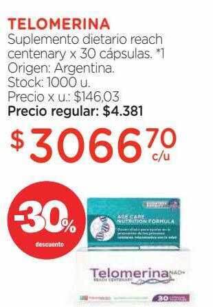 Farmacity Telomerina suplemento dietario reach centenary -30% descuento oferta