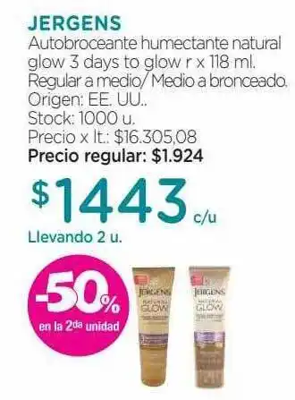 Farmacity Jergens autobroceante humecta nte natural glow 3 days to glow r -50% en la 2da unidad oferta