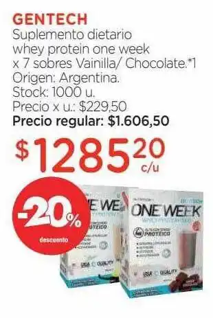 Farmacity Gentech suplemento dietario whey protein one week -20% descuento oferta