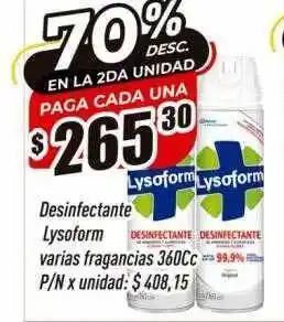 Supermercados Comodin Desinfectante lysoform varias fragancias 360cc 70% desc. en la 2da unidad oferta