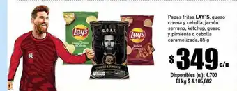 Papas fritas lay's queso crema y cebolla jamón serrano ketchup queso y pimienta o cebolla caramelizada