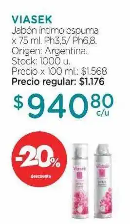 Farmacity Viasek jabón intimo espuma -20% descuento oferta