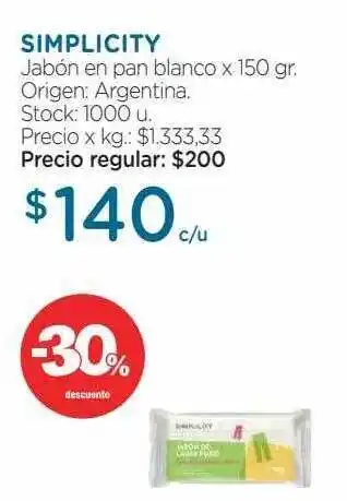 Farmacity Simplicity jabón en pan blanco -30% descuento oferta