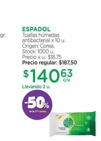 Farmacity Espadol toallas húmedas antibacterial -50% en la 2da unidad oferta