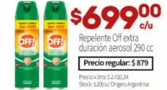 Repelente off extra duración aerosol 290 cc