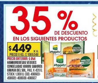 Coto Hamburguesas veggies congeladas varios sabores granja del sol oferta