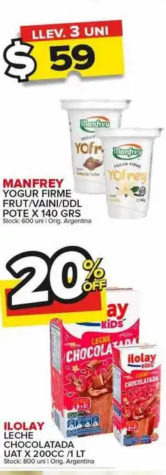 Carrefour Maxi Manfrey yogur firme frut-vaini-ddl pote ilolay leche chocolatada uat x 200cc oferta
