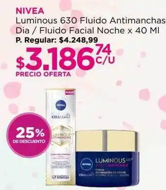 Punto de Salud Nivea luminous 630 fluido antimanchas dia fluido facial noche 25% de descuento oferta