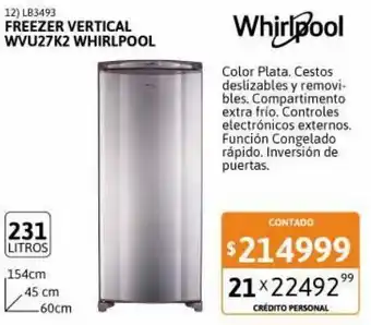Cetrogar Freezer vertical wvu27k2 231lt whirlpool oferta