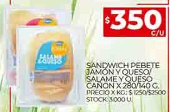 Supermercados DIA Sandwich Pebete Jamón Y Queso / Salame Y Queso Canon x 280/140g oferta