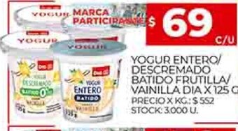 Supermercados DIA Yogur Entero/Descremado Batido Frutilla/Vainilla Dia x 125g oferta