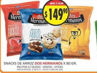 Supermercados Becerra Snacks de arroz dos hermanos oferta