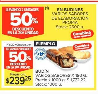 Carrefour Budin varios sabores llevando 2 unidades 50% descuento en la 2da unidad oferta