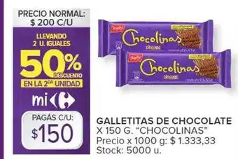 Carrefour Llevando 2 u. iguales 50% descuento en la 2da unidad galletitas de chocolate chocolinas oferta