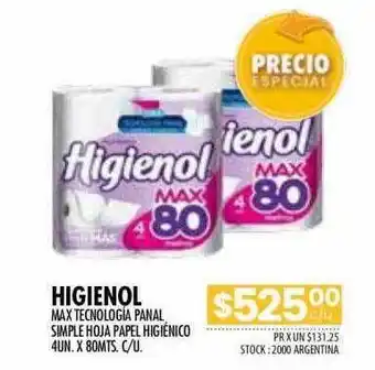 Higienol max tecnologia panal simple hoja papel higiénico