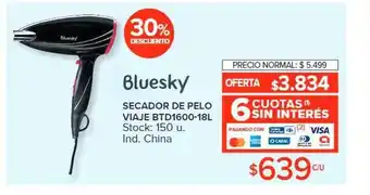 Carrefour Bluesky secador de pelo viaje btd1600-18l 30% descuento oferta