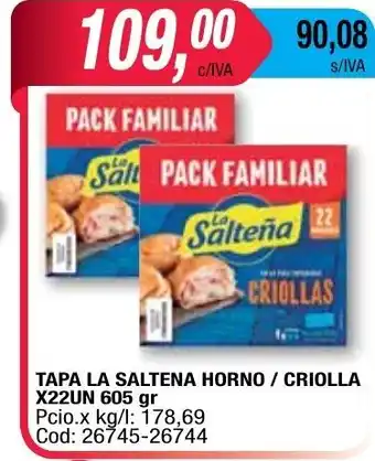 Maxiconsumo Tapa La Saltena Horno/Criolla x 22un 605gr oferta