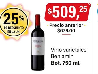 Supermercados Damesco Vino Varietales Benjamin Bot. 750ml oferta