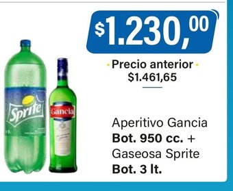 Supermercados Damesco Aperitivo Gancia Bot. 950cc + Gaseosa Sprite Bot. 3lt oferta
