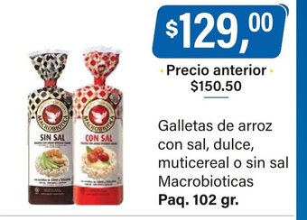 Supermercados Damesco Galletas de Arroz Con Sal, Dulce, Multicereal o Sin Sal Macrobioticas oferta