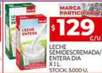 Supermercados DIA Leche Semidescremada/Entera Dia x 1L oferta