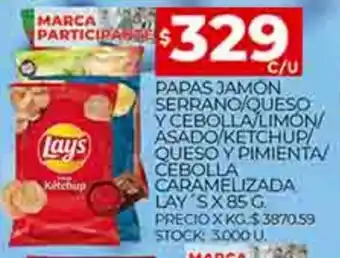 Supermercados DIA Papas Jamón Serrano/Queso Y Cebolla/ Limón/Asado/Ketchup/Queso y Pimienta/Cebolla Caramelizada Lay's x 85g oferta