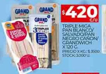 Supermercados DIA Triple Miga Pan Blanco/Salvado/Pan Negro Canon/Grandwich x 120g oferta