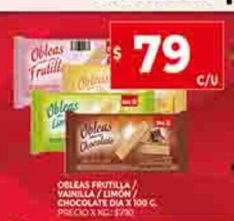 Supermercados DIA Obleas Frutilla / Vainilla / Limon / Chocolate Dia x 100g oferta