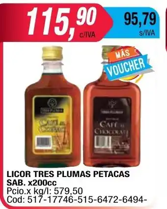 Maxiconsumo Licor Tres Plumas Petacas SAbo. x 200cc oferta