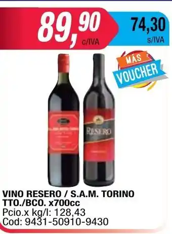 Maxiconsumo Vino Resero/ S.A.M Torino TTO./BCO x 700cc oferta